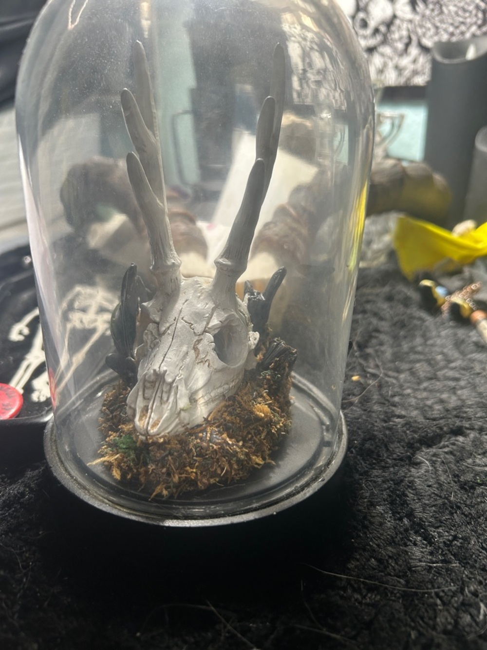 White and green deer skull with moss